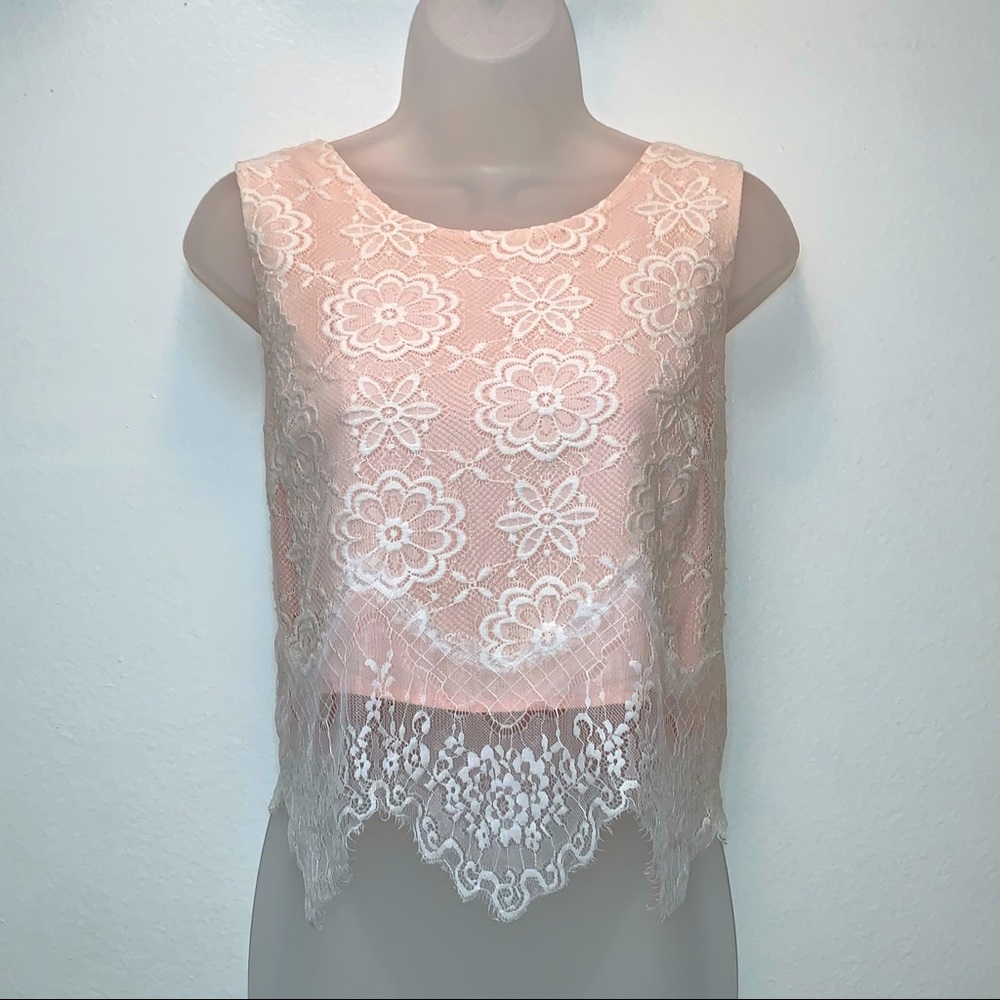 Gorgeous Pink Shell Top w/White Lace Overlay by Lush - Sz. M